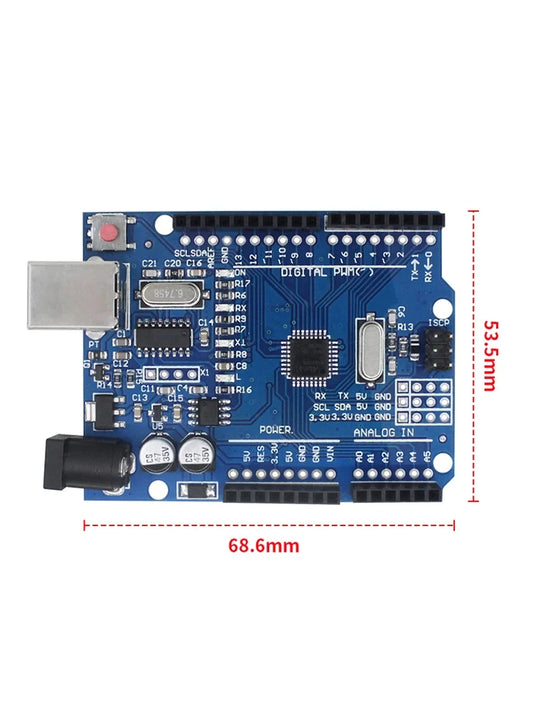 UNO R3 Board ATmega328P with USB Cable(Arduino-Compatible) for Arduino, Input Voltage 7-12V, 16MHZ,14 Digital 1/0 pins Support PWM, SRAW 2KB, Compatible with RPi 4B/3B+/3B/2B/B+/Zero/Zero W