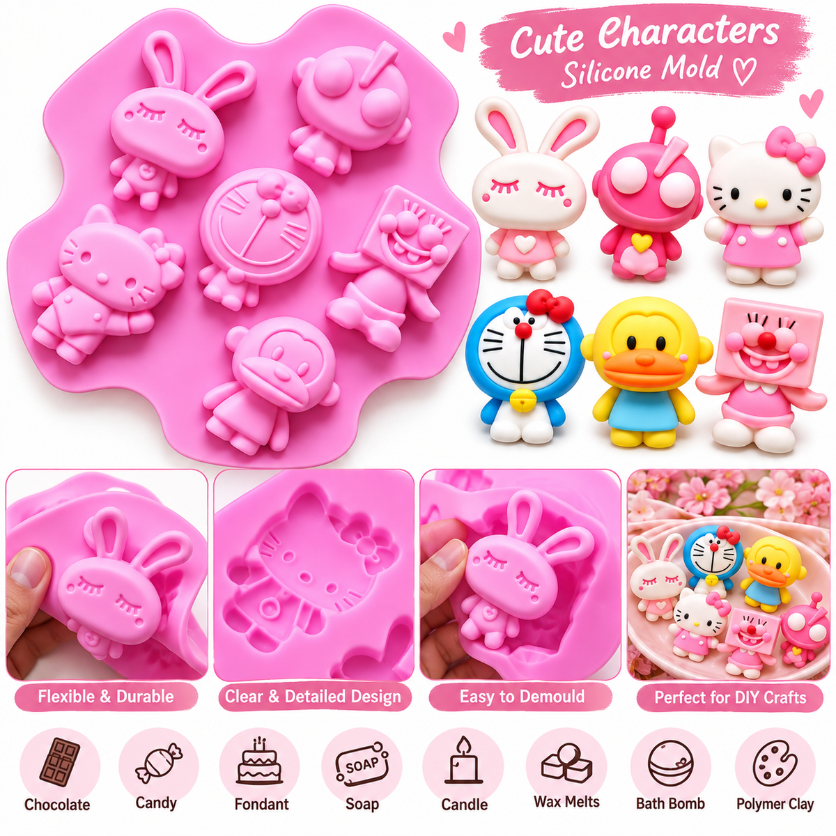 6 Cavity Cute Cartoon Character Silicone Mold Cake Decoration Soap Candle