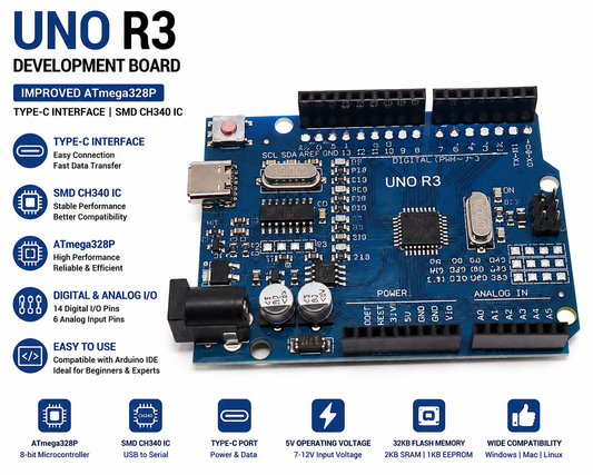 UNO R3 SMD Development Board, ATmega328P Microcontroller, CH340 USB Interface, Arduino Compatible, USB Type-C for Robotics, IoT & Electronics Projects