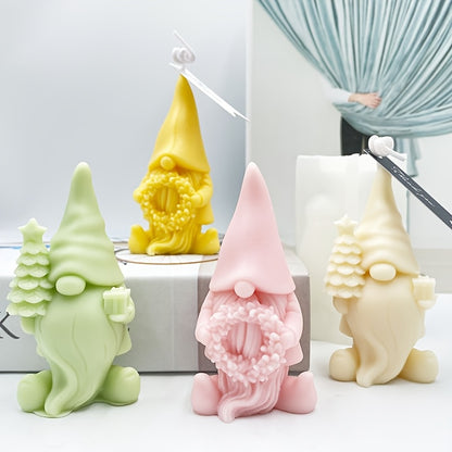 3D Pink Gnome Silicone Candle Mould with Floral Wreath for DIY Decorative Candles and Crafts