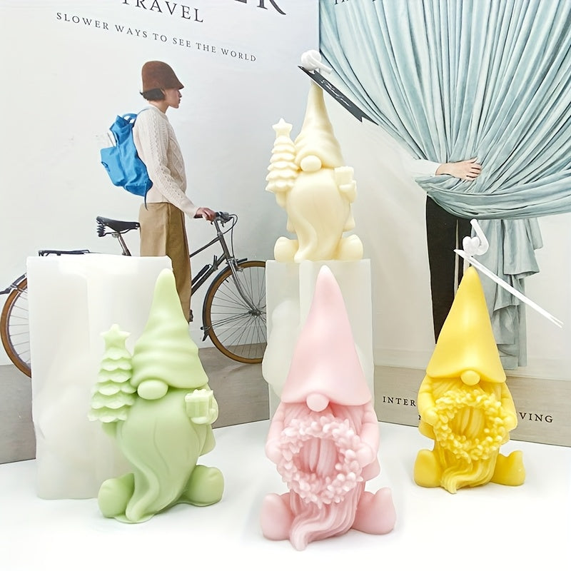 3D Pink Gnome Silicone Candle Mould with Floral Wreath for DIY Decorative Candles and Crafts