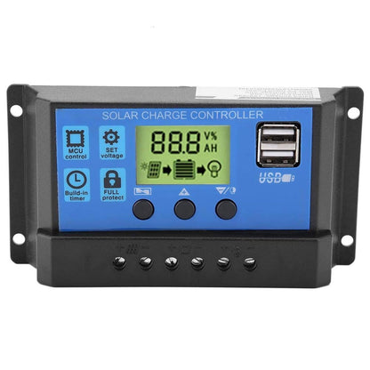 Solar Controller PWM 12V/24V USB Solar Panel Battery Controller Regulator LCD Display 10/20/30A Overload Overcurrent