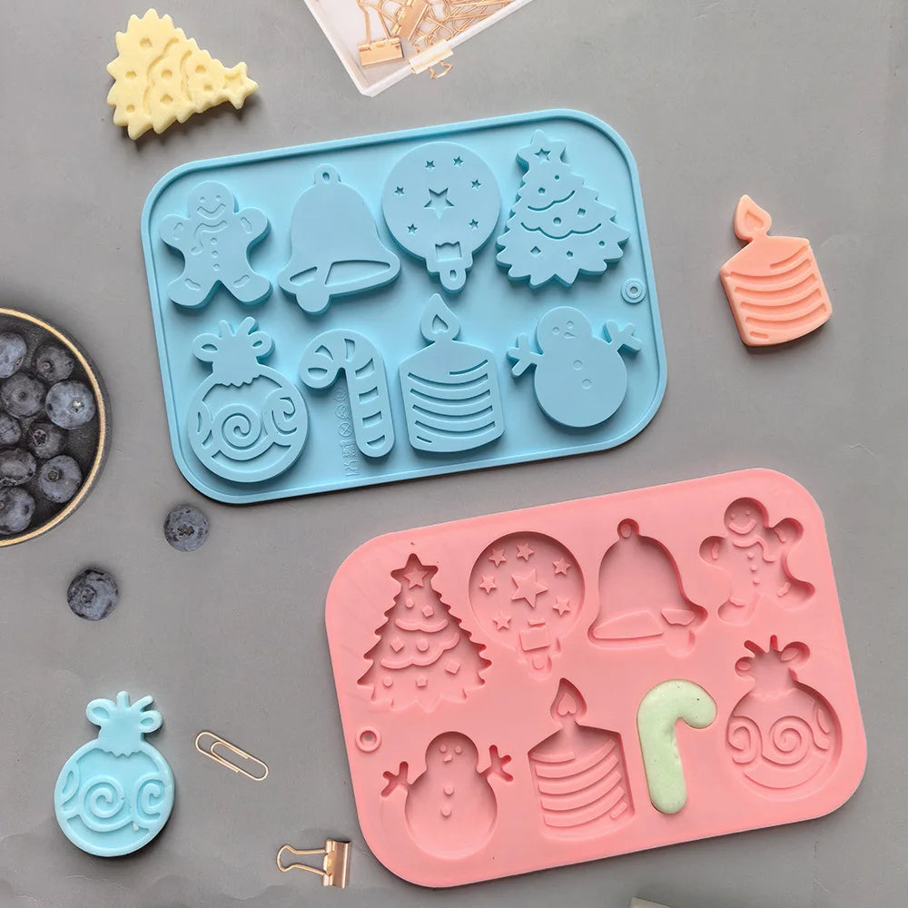 8 Cavity Christmas Silicone Mould for Gingerbread Bell Tree Snowman DIY Decorations
