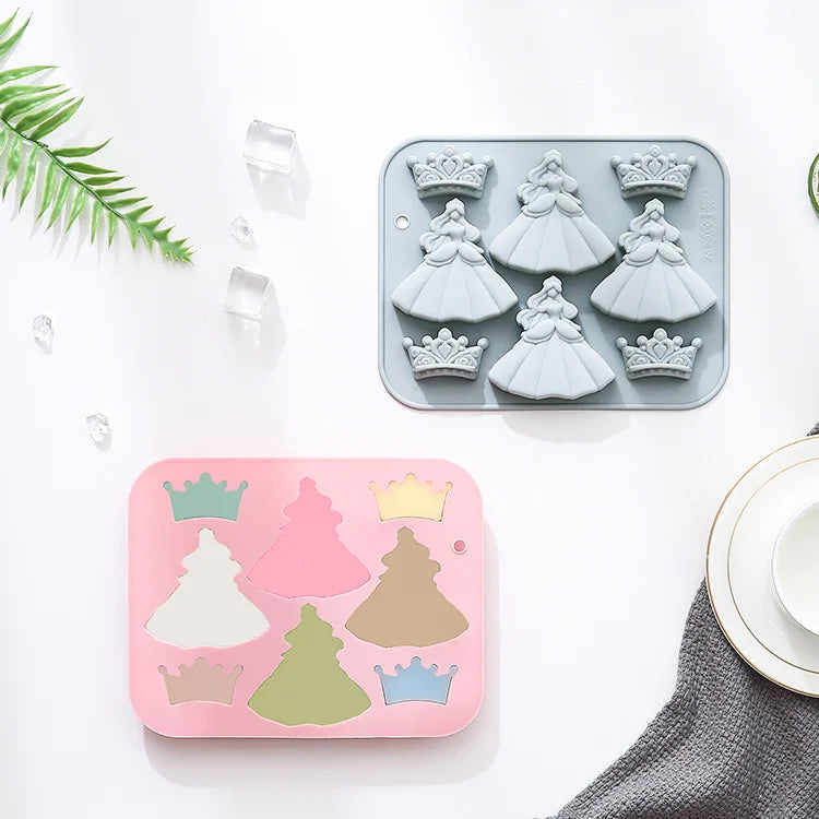 8 Cavity Princess Dress & Crown Silicone Mold Cake Decoration Resin Soap Candle