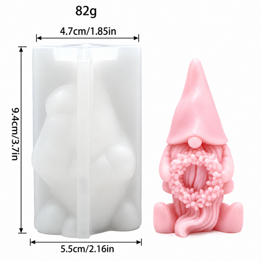 3D Pink Gnome Silicone Candle Mould with Floral Wreath for DIY Decorative Candles and Crafts