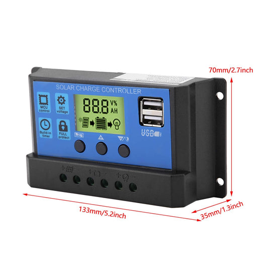 Solar Controller PWM 12V/24V USB Solar Panel Battery Controller Regulator LCD Display 10/20/30A Overload Overcurrent