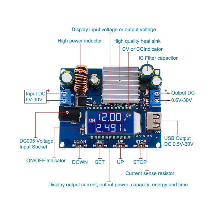 DC Buck Boost Power Supply Module DC 5V-30V to DC 0.6V-30V 35W 4A CVCC Adjustable Automatic Step UP Down Voltage Converter LCD Display - RS2809