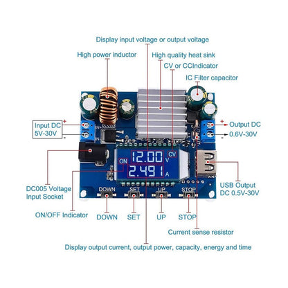DC Buck Boost Power Supply Module DC 5V-30V to DC 0.6V-30V 35W 4A CVCC Adjustable Automatic Step UP Down Voltage Converter LCD Display - RS2809
