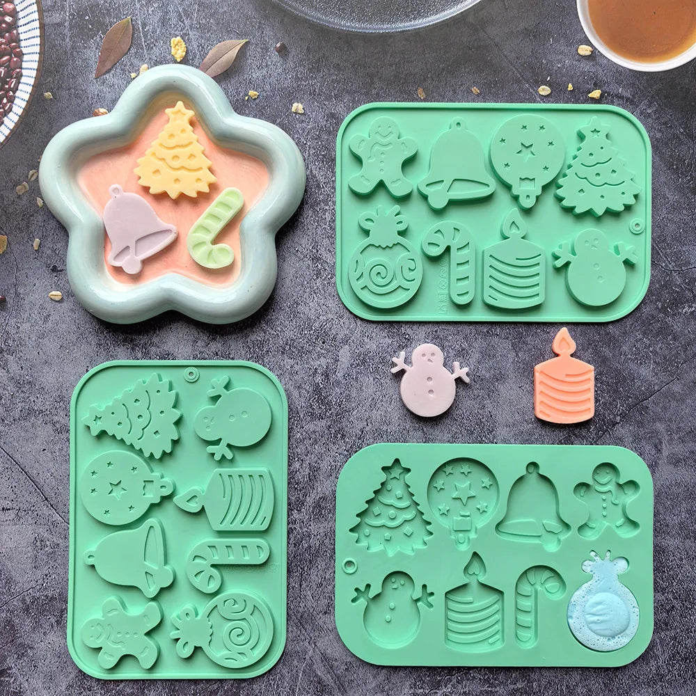 8 Cavity Christmas Silicone Mould for Gingerbread Bell Tree Snowman DIY Decorations