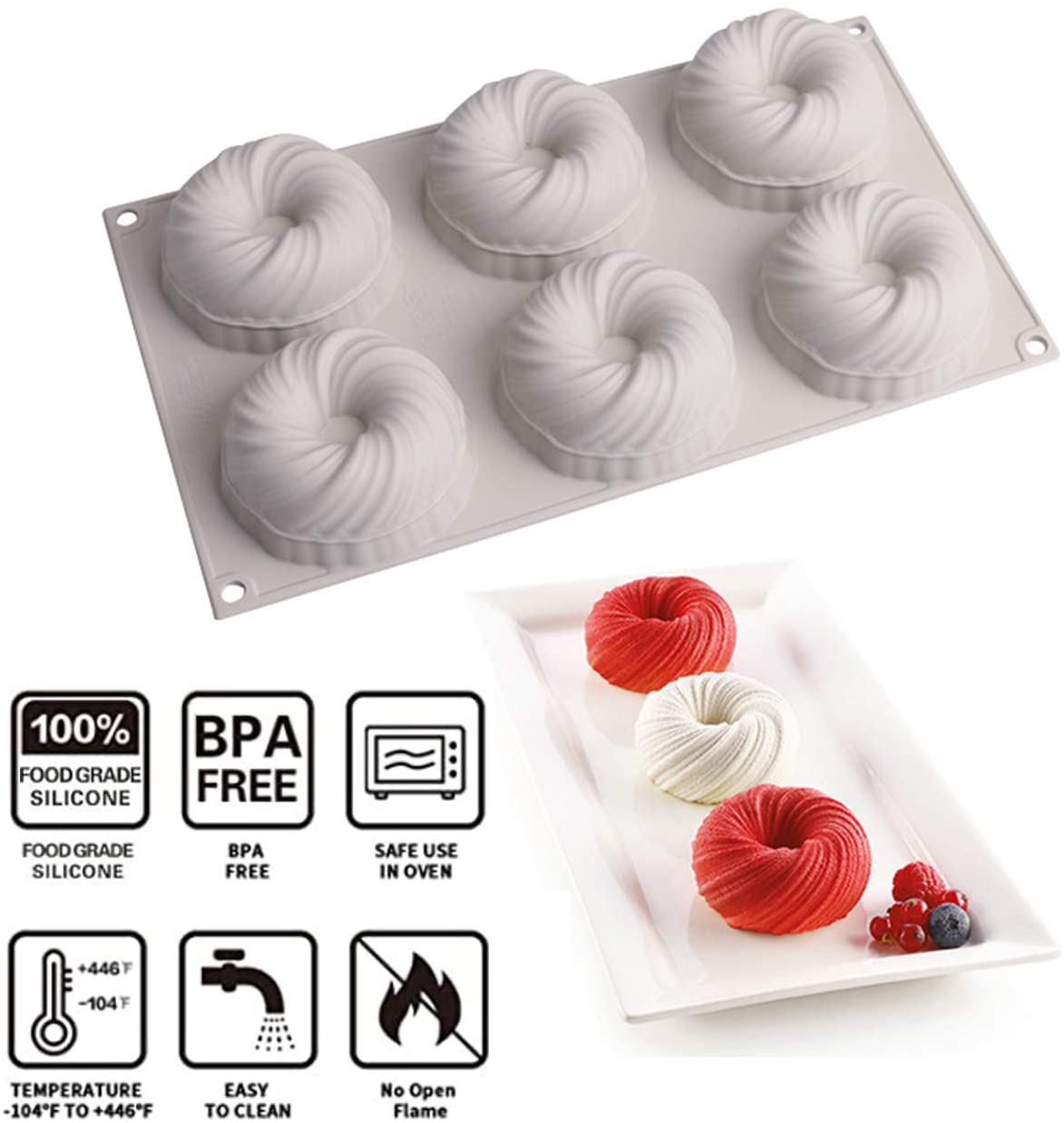 6 Cavity 3D Round Swirl Silicone Mousse Cake Mold Chocolate Pastry Pudding Jelly &Dessert