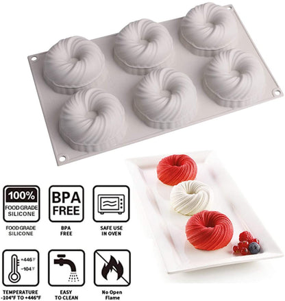 6 Cavity 3D Round Swirl Silicone Mousse Cake Mold Chocolate Pastry Pudding Jelly &Dessert