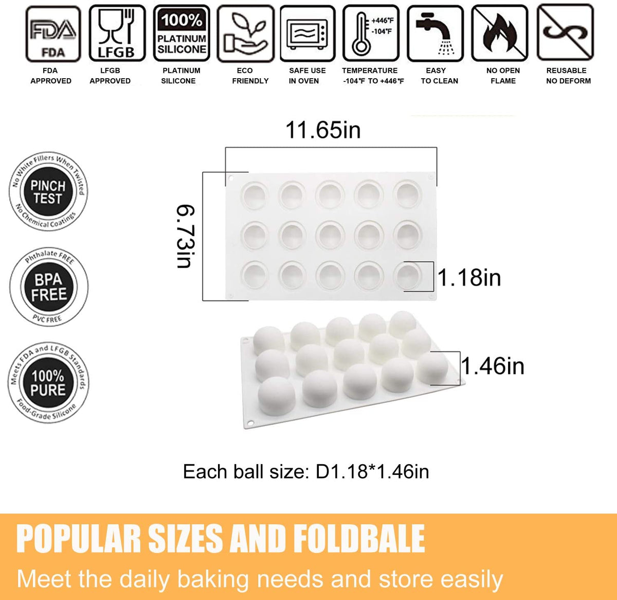 15 Cavity 3D Sphere Ball Silicone Mousse Cake Mold Chocolate Pastry Pudding