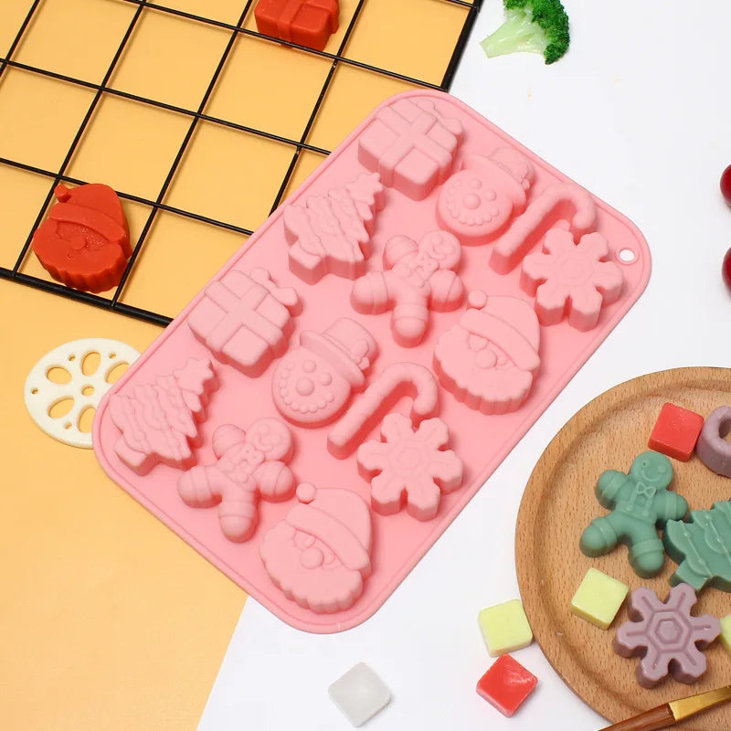 14-Cavity Christmas Silicone Chocolate Mould for Santa Snowman Tree Gift and Candy