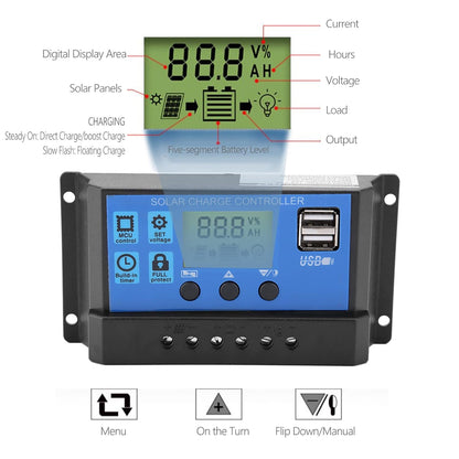 Solar Controller PWM 12V/24V USB Solar Panel Battery Controller Regulator LCD Display 10/20/30A Overload Overcurrent