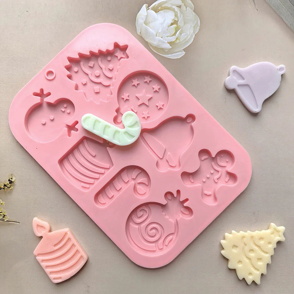 8 Cavity Christmas Silicone Mould for Gingerbread Bell Tree Snowman DIY Decorations