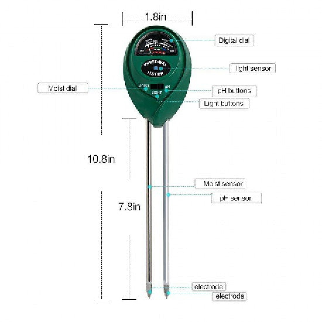 Three-Way Soil Meter For Moisture, Light Intensity and pH Testing Meter