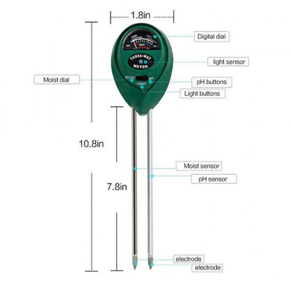 Three-Way Soil Meter For Moisture, Light Intensity and pH Testing Meter