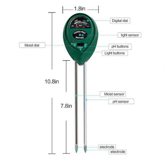 Three-Way Soil Meter For Moisture, Light Intensity and pH Testing Meter