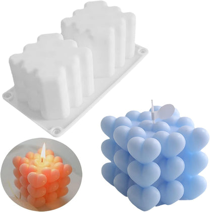 3D 2 Cavity Heart Bubble Cube Candle Mold Food Grade Silicone Bubble Candle Mold DIY