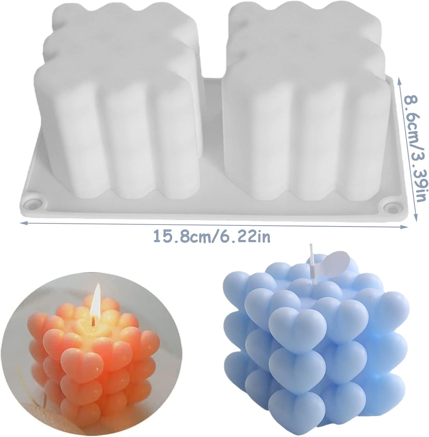 3D 2 Cavity Heart Bubble Cube Candle Mold Food Grade Silicone Bubble Candle Mold DIY