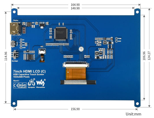 Waveshare 7inch 1024×600 HDMI, IPS, Low Power Capacitive LCD (C) Touch Screen