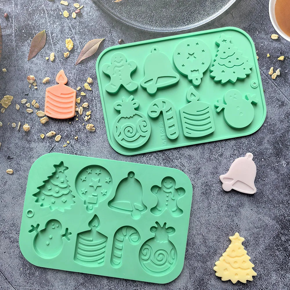 8 Cavity Christmas Silicone Mould for Gingerbread Bell Tree Snowman DIY Decorations