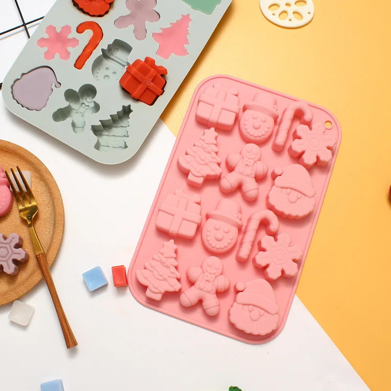 14-Cavity Christmas Silicone Chocolate Mould for Santa Snowman Tree Gift and Candy