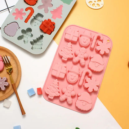 14-Cavity Christmas Silicone Chocolate Mould for Santa Snowman Tree Gift and Candy