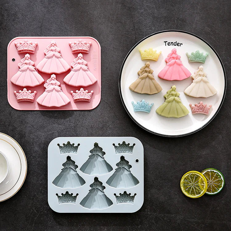 8 Cavity Princess Dress & Crown Silicone Mold Cake Decoration Resin Soap Candle