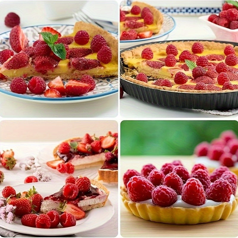 A four-panel collage showing fruit tarts and tart slices topped with fresh raspberries and strawberries, served on plates and in a baking pan on a light background.