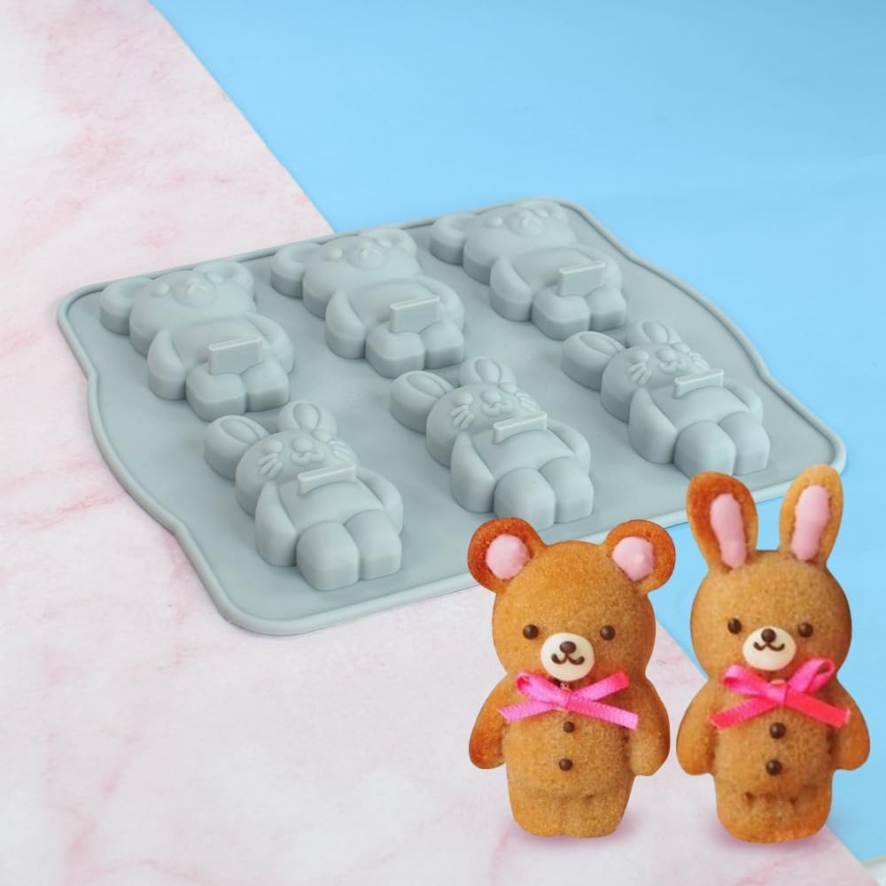 6-Cavity Rabbit & Bear Silicone Mold for Chocolate Candy Cake Soap Jelly