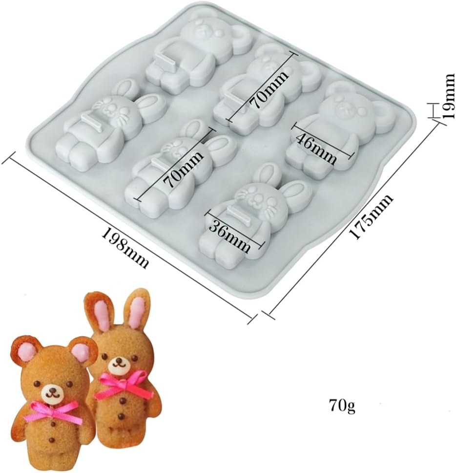 6-Cavity Rabbit & Bear Silicone Mold for Chocolate Candy Cake Soap Jelly
