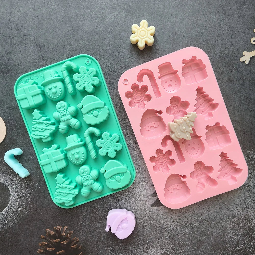 14-Cavity Christmas Silicone Chocolate Mould for Santa Snowman Tree Gift and Candy