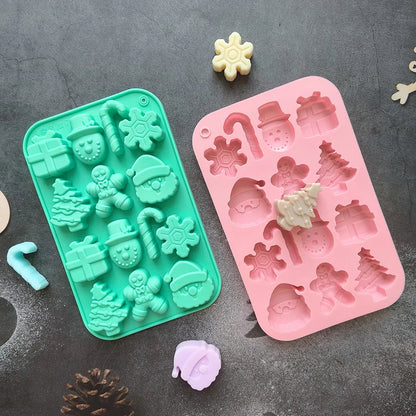 14-Cavity Christmas Silicone Chocolate Mould for Santa Snowman Tree Gift and Candy