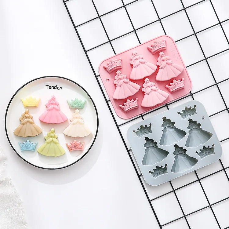8 Cavity Princess Dress & Crown Silicone Mold Cake Decoration Resin Soap Candle