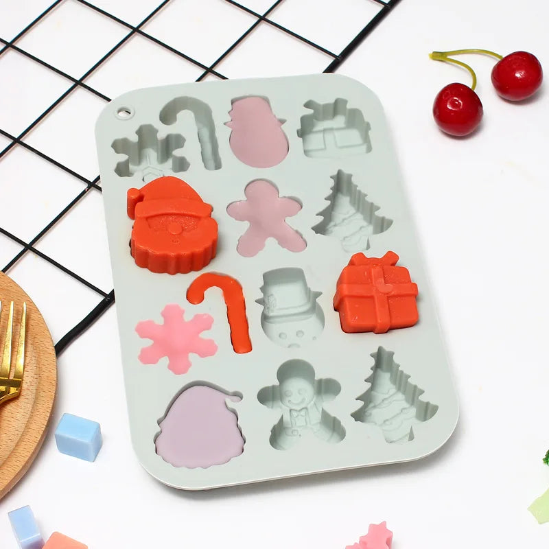 14-Cavity Christmas Silicone Chocolate Mould for Santa Snowman Tree Gift and Candy
