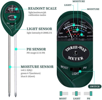 Three-Way Soil Meter For Moisture, Light Intensity and pH Testing Meter