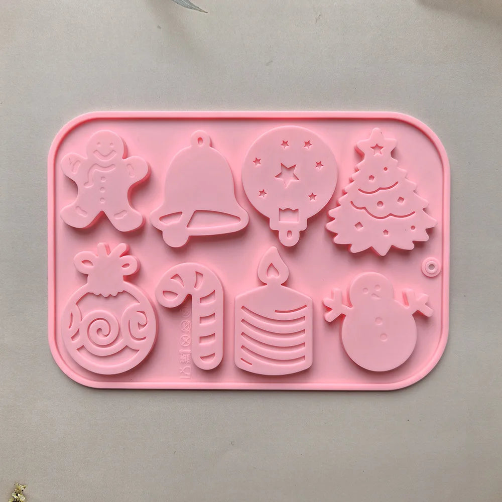 8 Cavity Christmas Silicone Mould for Gingerbread Bell Tree Snowman DIY Decorations
