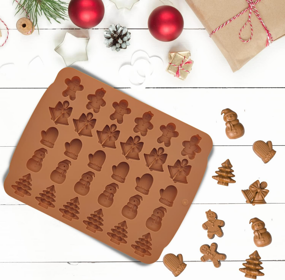 30 Cavity Christmas Silicone Chocolate Mould Tray for Gingerbread Snowman Bell Mitten