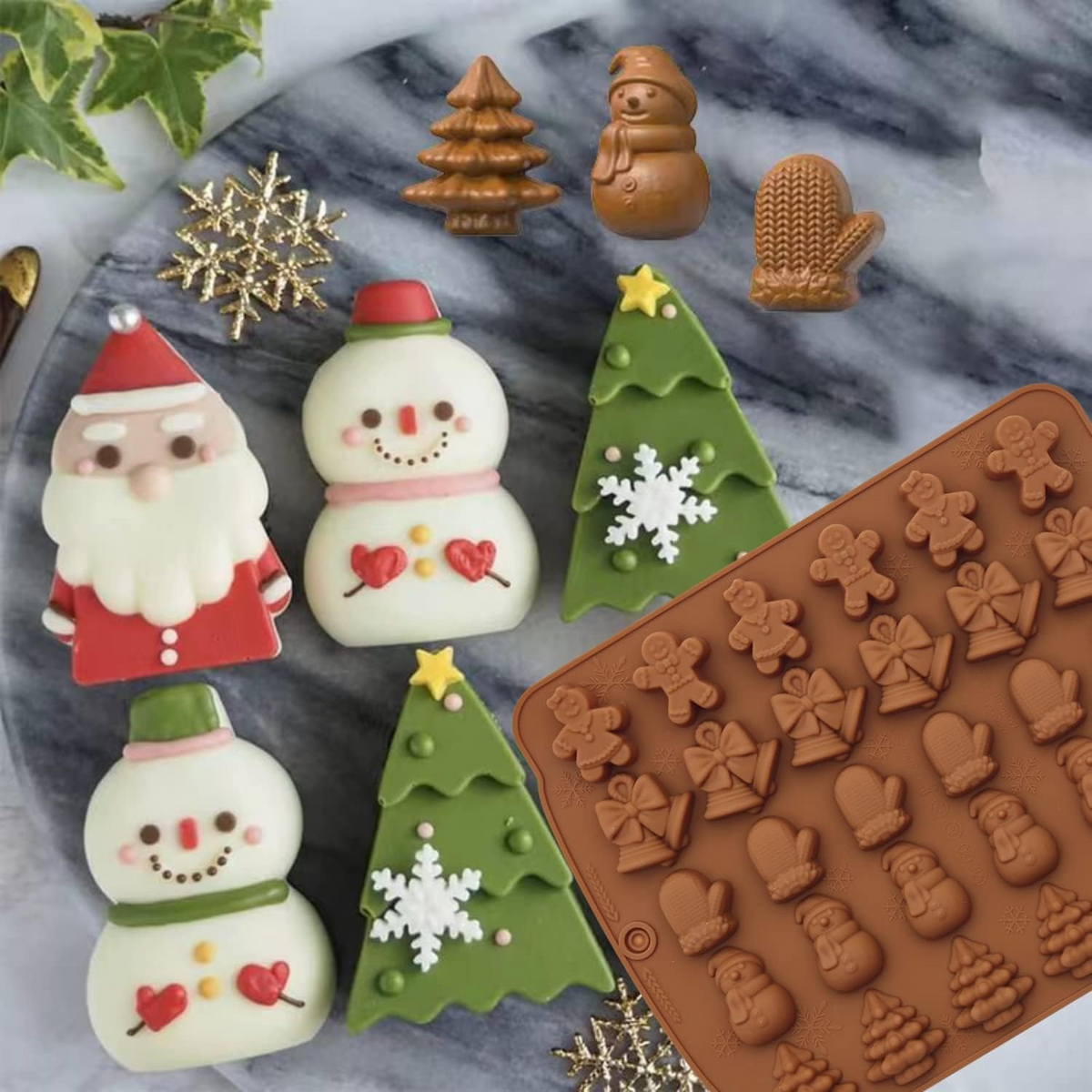 30 Cavity Christmas Silicone Chocolate Mould Tray for Gingerbread Snowman Bell Mitten