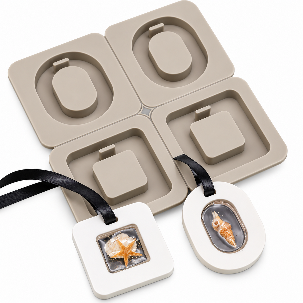 4 Cavity Silicone Resin Mould for Oval and Square Pendant Keychain Jewelry and DIY Crafts