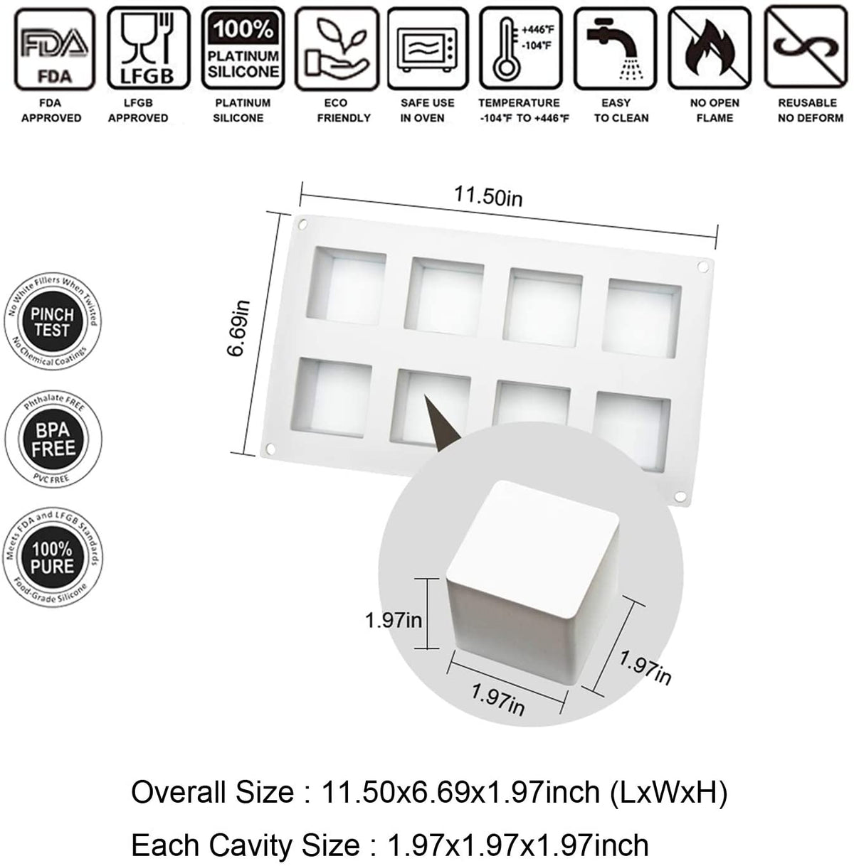 8 Cavity Large Cube Silicone Cake Mold Chocolate Pastry Pudding Jelly