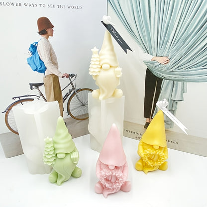 3D Pink Gnome Silicone Candle Mould with Floral Wreath for DIY Decorative Candles and Crafts