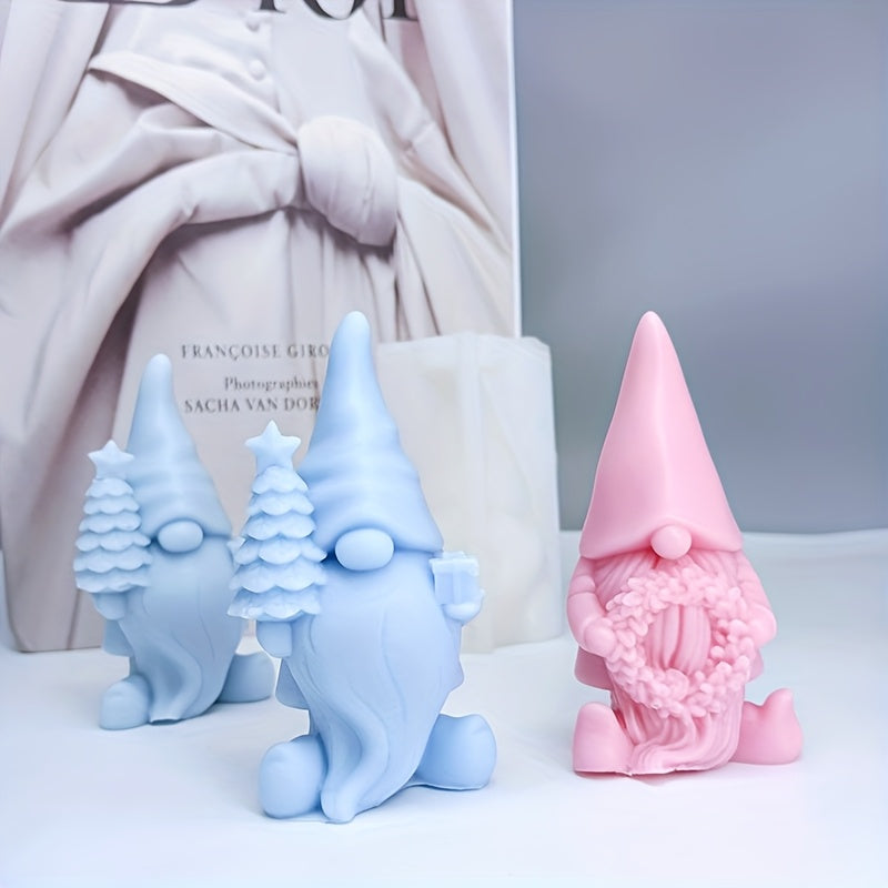 3D Pink Gnome Silicone Candle Mould with Floral Wreath for DIY Decorative Candles and Crafts