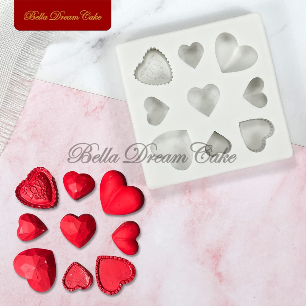 9 Cavity Heart Silicone Mold for Chocolate Fondant Cake Decoration and DIY Crafts