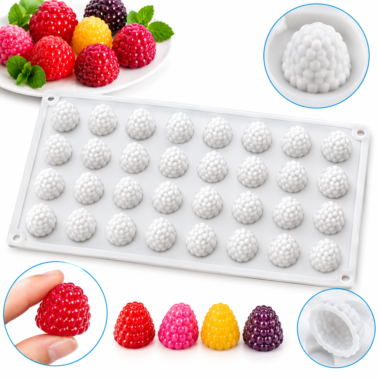 A silicone mold tray with multiple raspberry-shaped cavities, shown on a white background with inset photos of filled cavities and raspberry-shaped candies in red, yellow, pink, and purple.