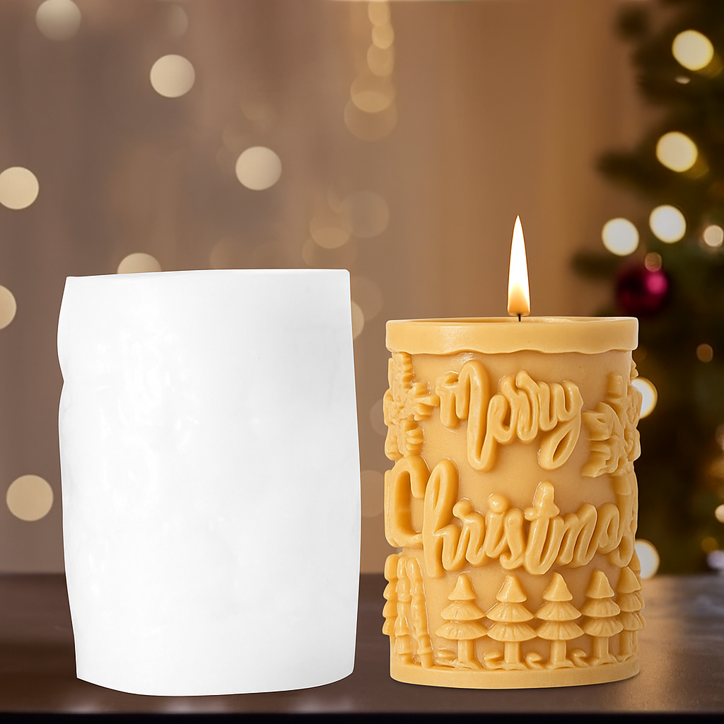 Merry Christmas Pillar Snowflake Tree Pattern Design X-Mas Cylindrical Silicone Candle Mould (D Grade) Type 3
