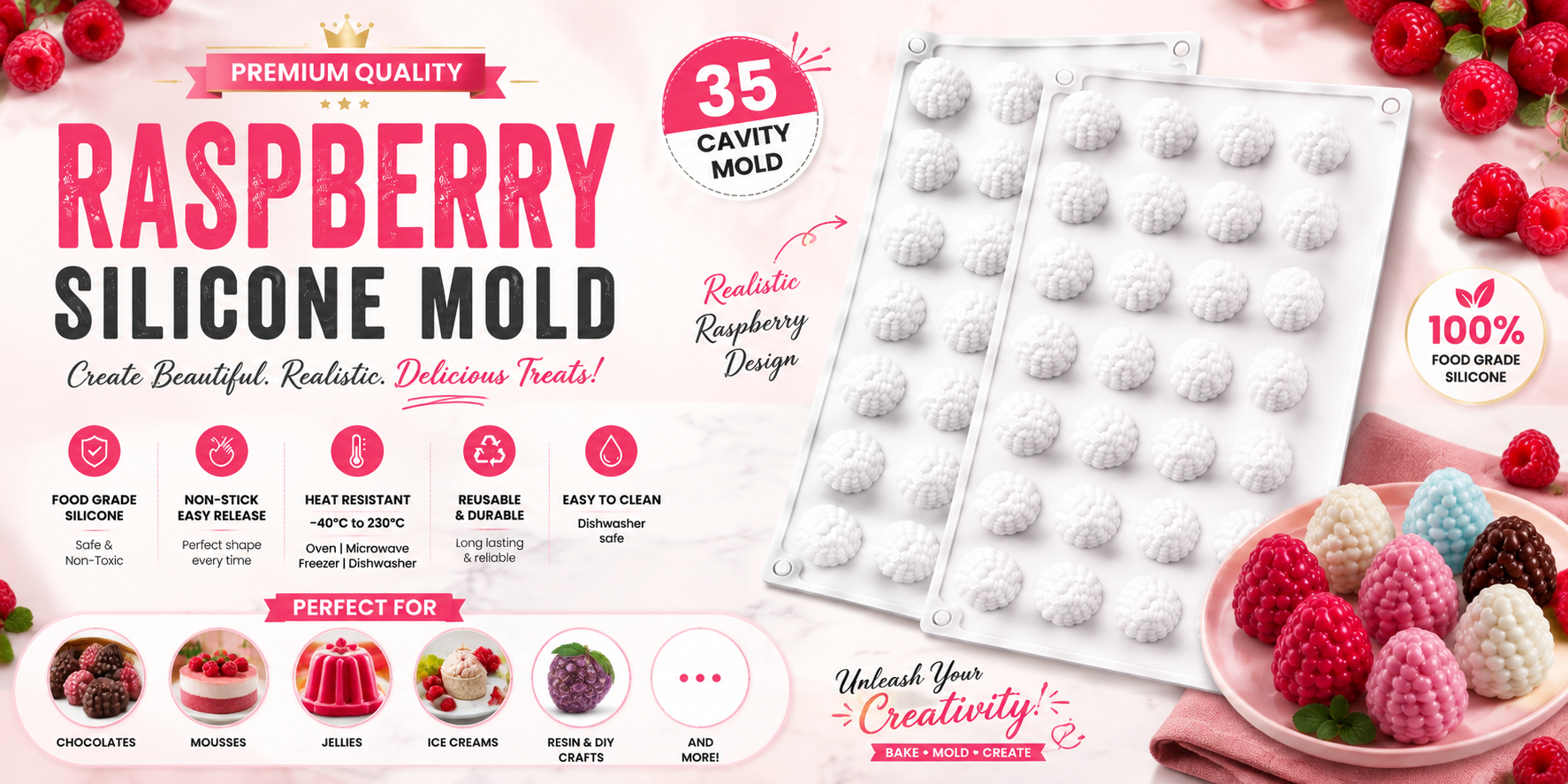 Raspberry silicone mold packaging and product display on a pink background, showing a tray of 35 white raspberry-shaped cavity molds alongside promotional text, food examples, and raspberry decorations.