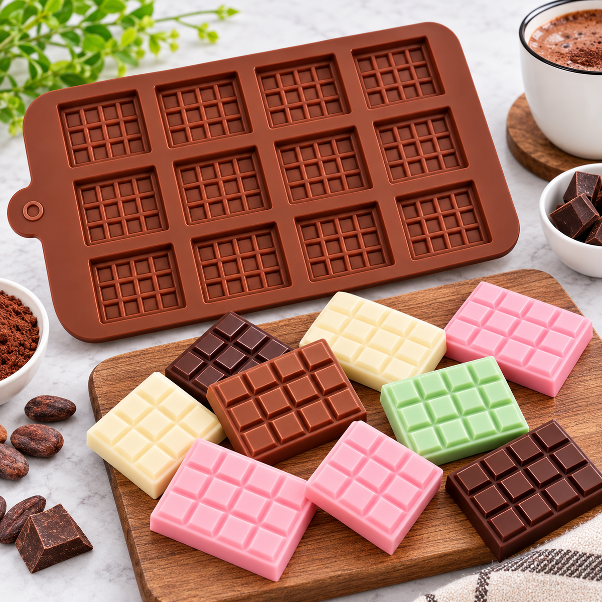 12 Cavity Chocolate Bar Silicone Mold for making chocolates, candy, soap and desserts