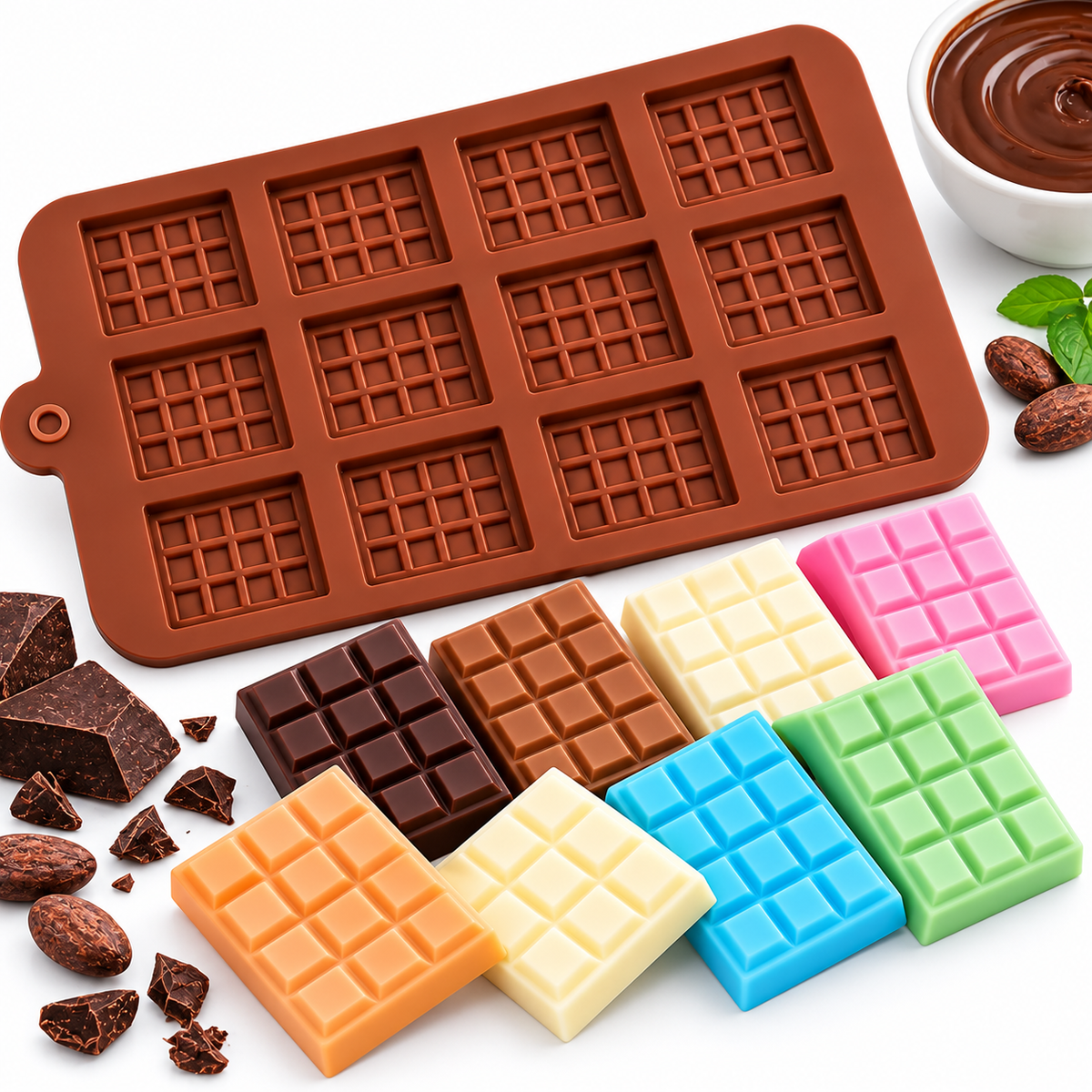 12 Cavity Chocolate Bar Silicone Mold for making chocolates, candy, soap and desserts